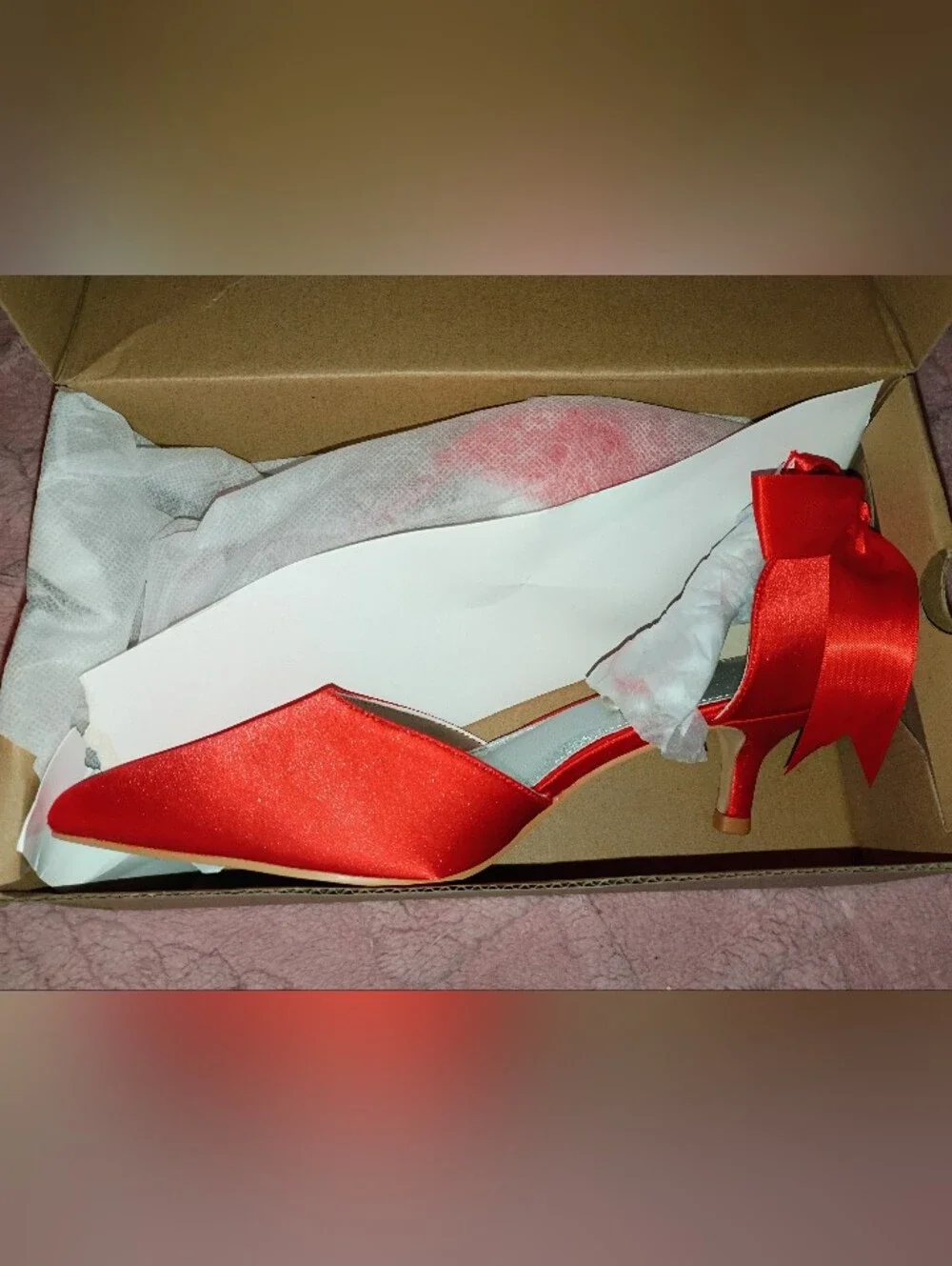 Coutgo Red Pearl Ankle Strap D'Orsay Satin Bow Low Kitten Heel Size 6 NWT